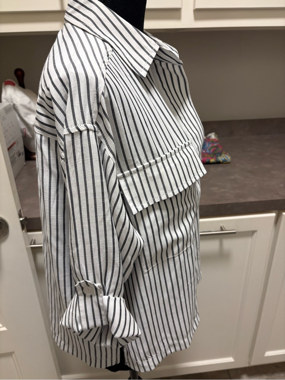 Striped Button-Up Shirt Jacket in White and Black
